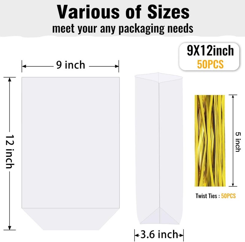 ZIMCEMS 50pcs 9x12 inch Bottom Gusset Clear Cellophane Gift Wrap Bags with 5" Twist Ties for Party, Birthday, Wedding, Home, Kitchen - Image 2